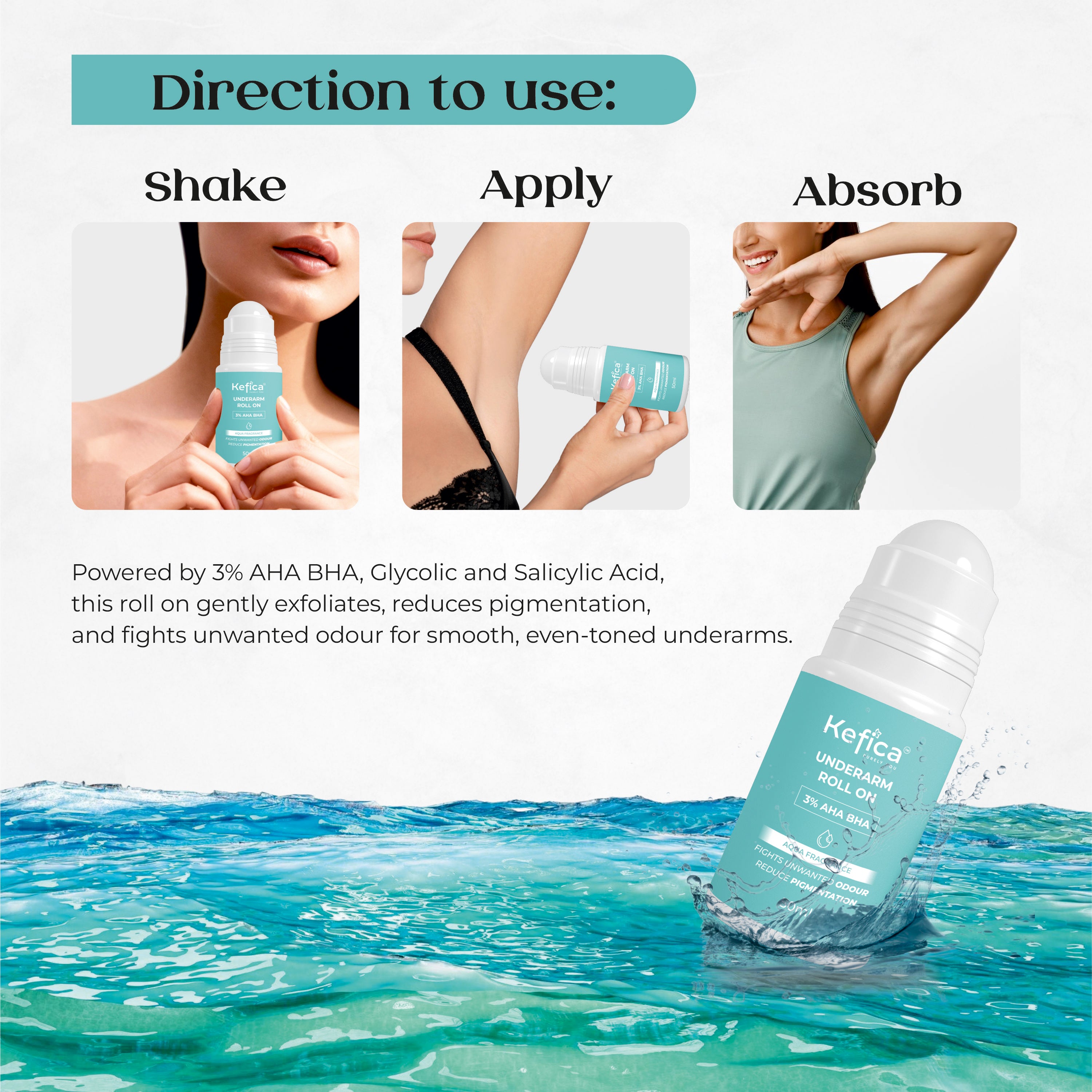 Kefica Underarm Roll On 3% AHA BHA, Aqua Fragrance by Staple Pharmaceuticals - 50 ml