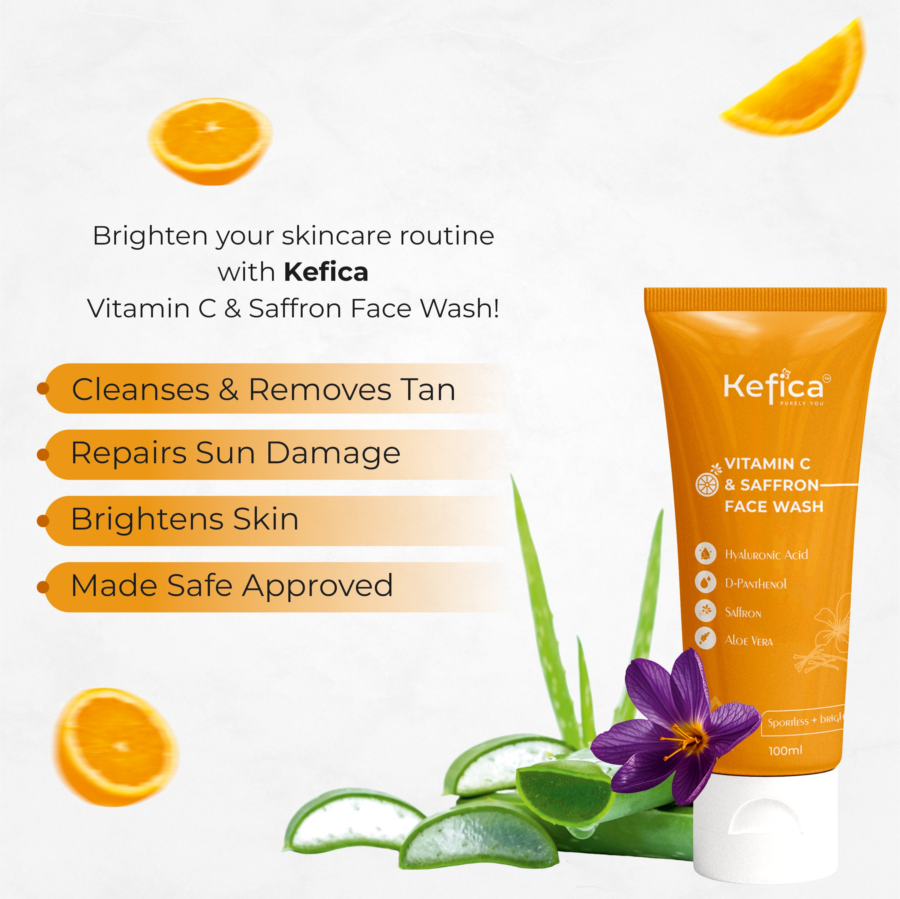 Kefica Vitamin C & Saffron Face Wash – With Hyaluronic Acid, D-Panthenol, Aloe Vera (100ml)