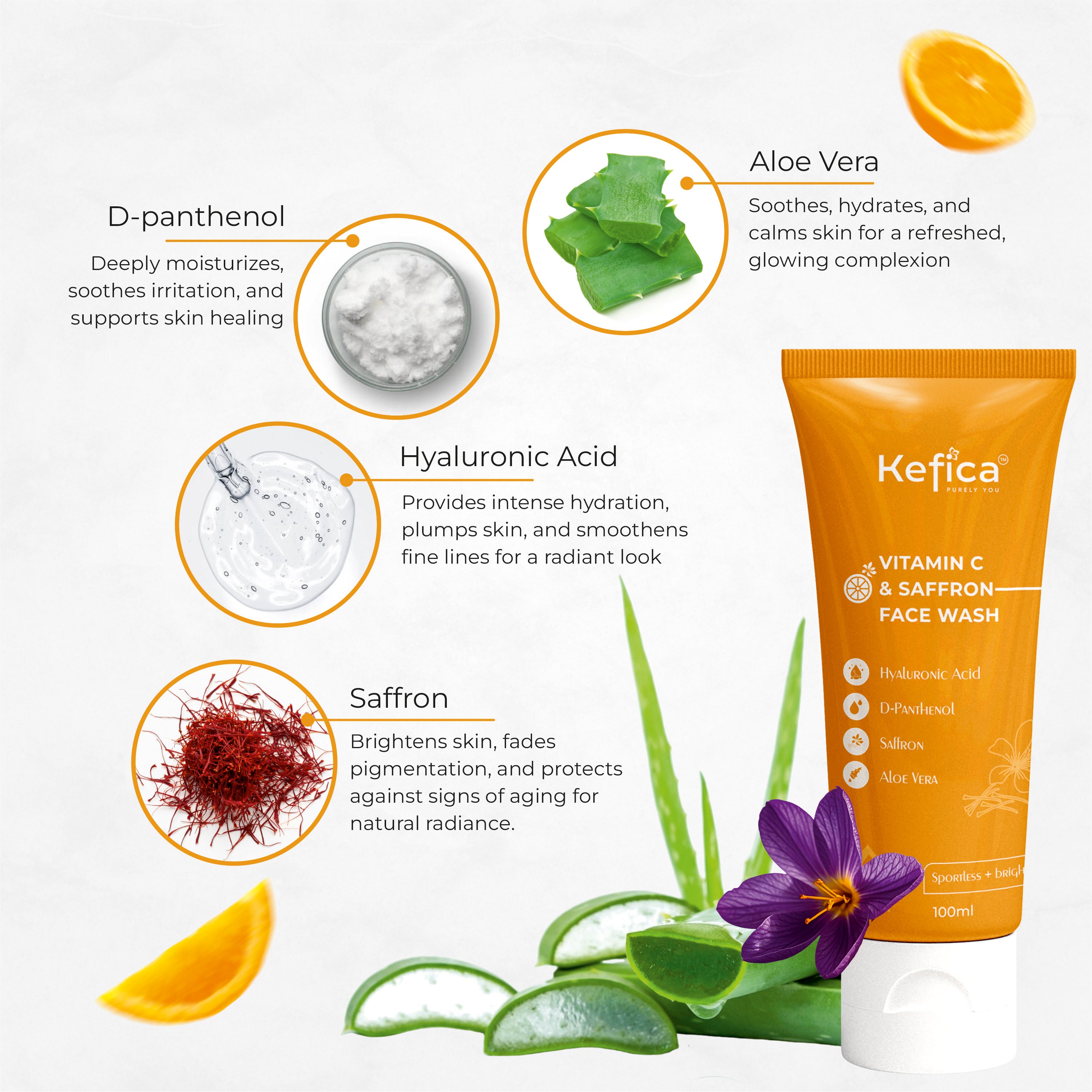 Kefica Vitamin C & Saffron Face Wash – With Hyaluronic Acid, D-Panthenol, Aloe Vera (100ml)